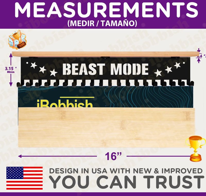 iBobbish Beast Mode Trophy and Medal Hanger Display Shelf,Trophy Medal Hanger Display in Black Metal Wall Mount Over Big Medals Trophy Display Shelf with Gifts Box