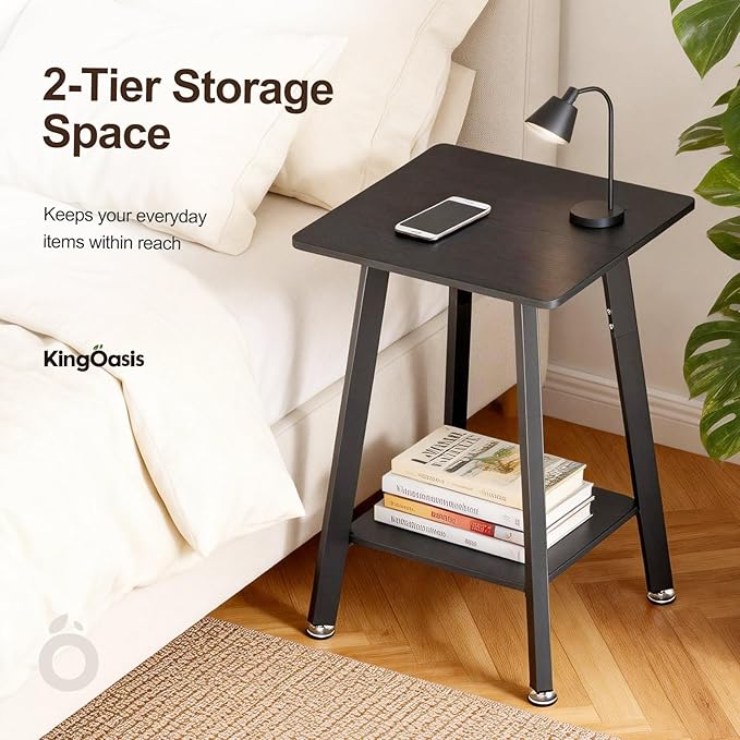 King Oasis Set of 2 2-Tier End Tables, Wooden Side Tables with Storage Shelves, Sturdy Couch Sofa Side Tables for Living Room Bedroom,Black