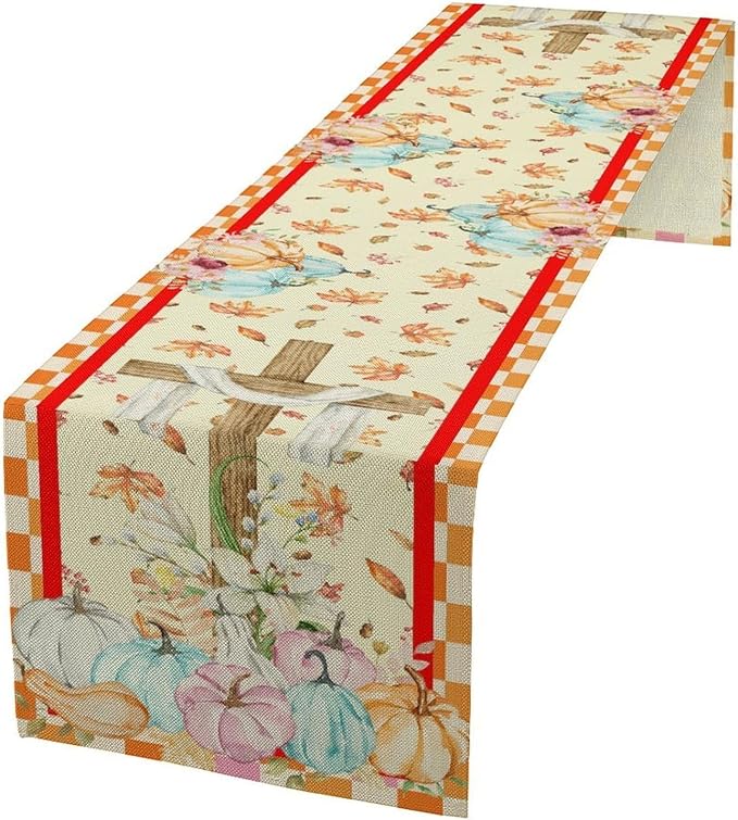 Watercolor Pumpkin Table Runner Fall Flowers Falling Leaves Cross Harvest Season Thanksgiving Rustic Home Decor for Farmhouse Indoor Outdoor Party Holiday Dining Kitchen Restaurant Cafe W13xL90in