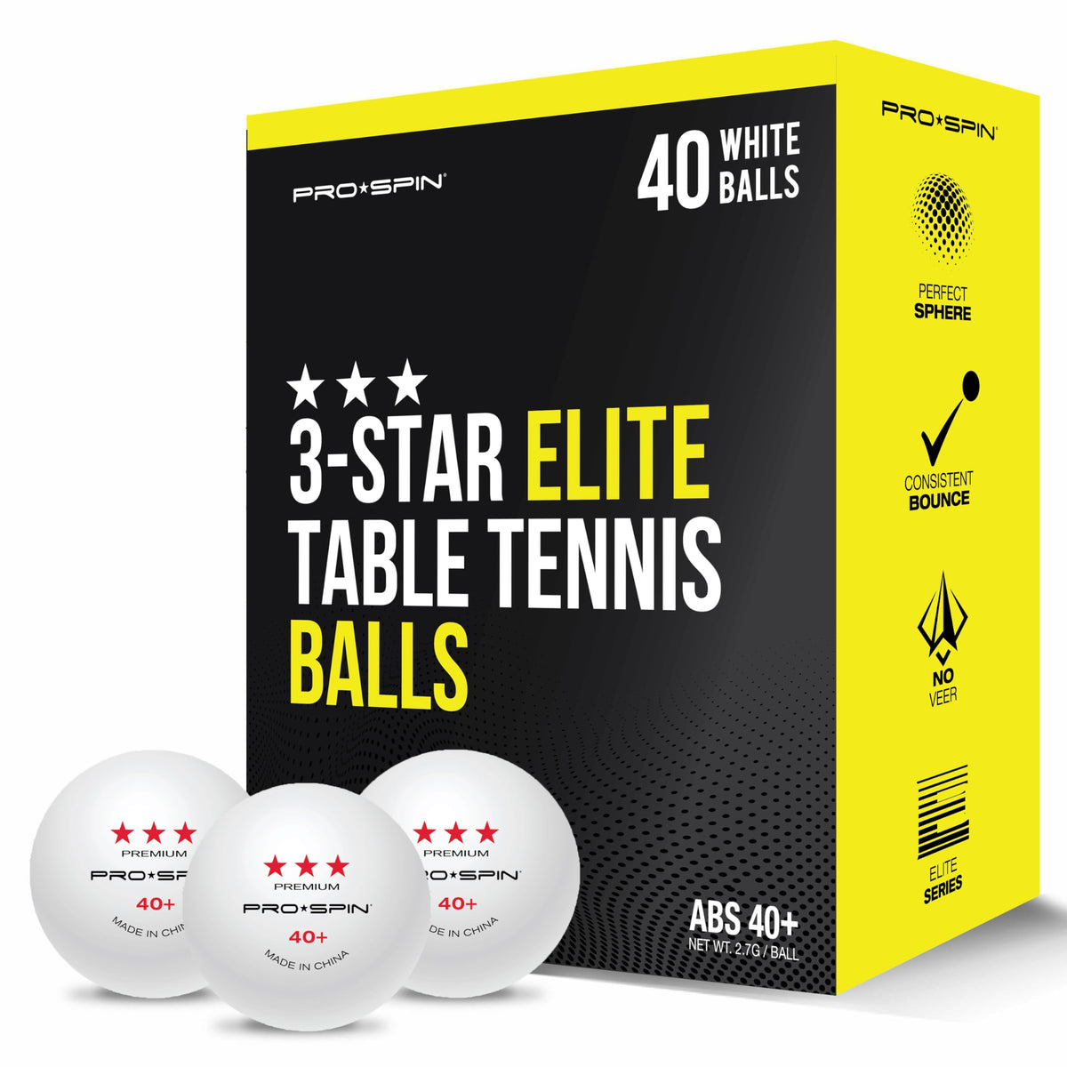 PRO-SPIN Ping Pong Balls - 3-Star Premium White Table Tennis Balls | High-Performance 40+ ABS Professional Quality for Indoor & Outdoor Games (Pack of 40)