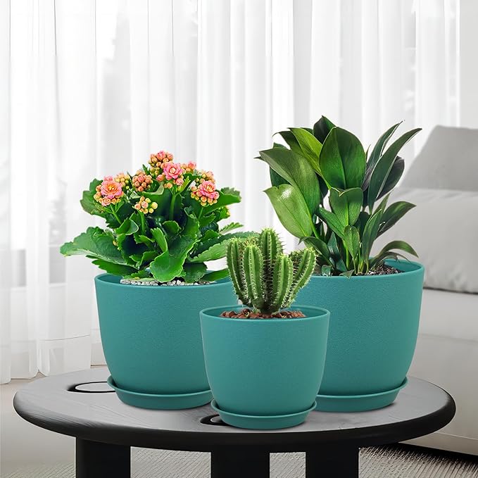 9/8/7.5 inch Flower Pots, 3 Pack Modern Plastic Planters with Drainage Holes and Trays for House Plants, Plant Pots for Indoor Outdoor Plants, Blue Green