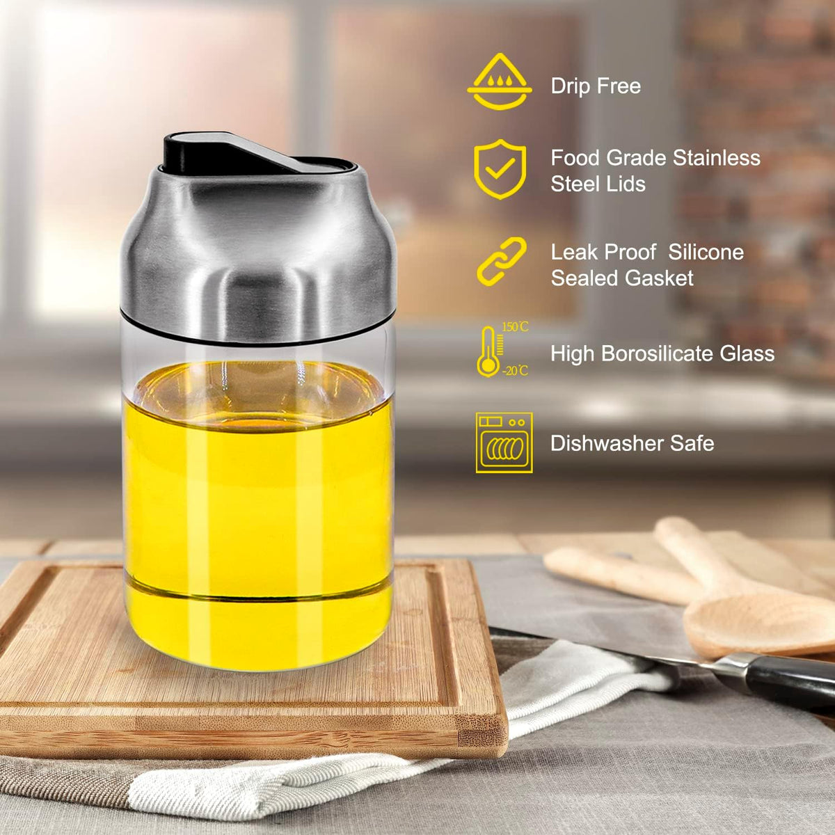 Aelga Soy Sauce Dispenser, 7oz Non-Drip Spout Oil and Vinegar Dispenser with Auto Flip Cap, Glass Oil Cruet for Kitchen Cooking