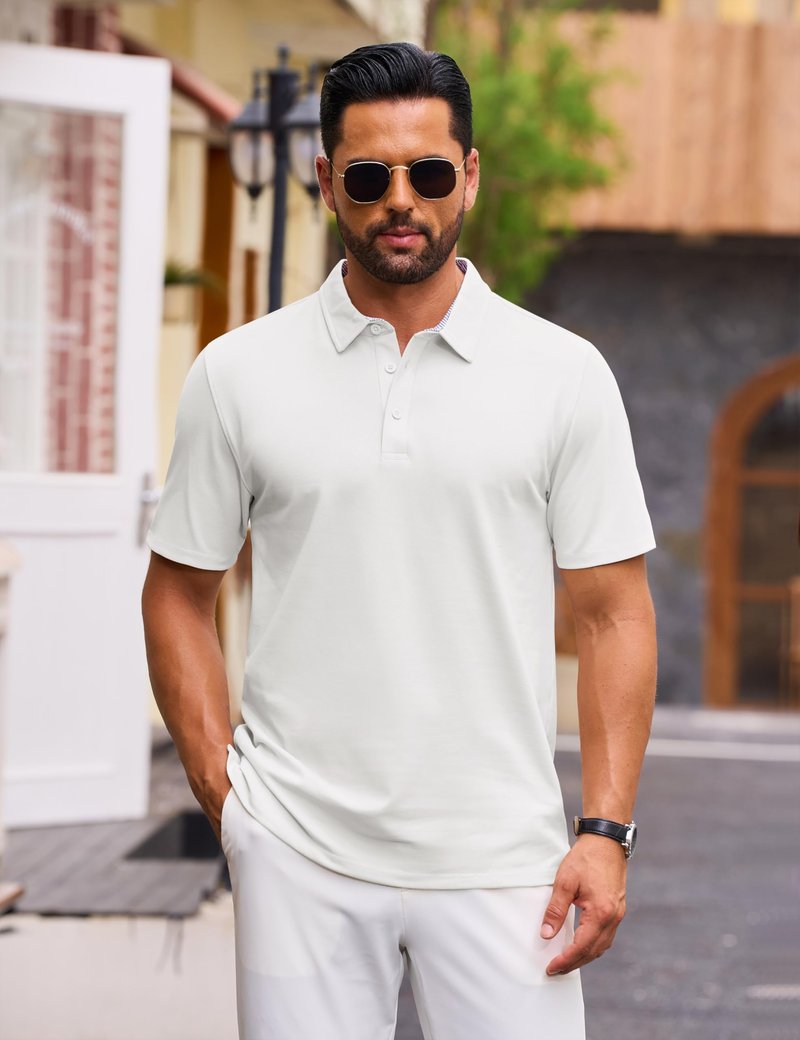Cotrasen Men's Polo Shirts Short Sleeve Cotton Pique 3 Buttons Classic Fit Casual T-Shirt Breathable Moisture Wicking Performance Golf Soft Stretch Shirts White XL