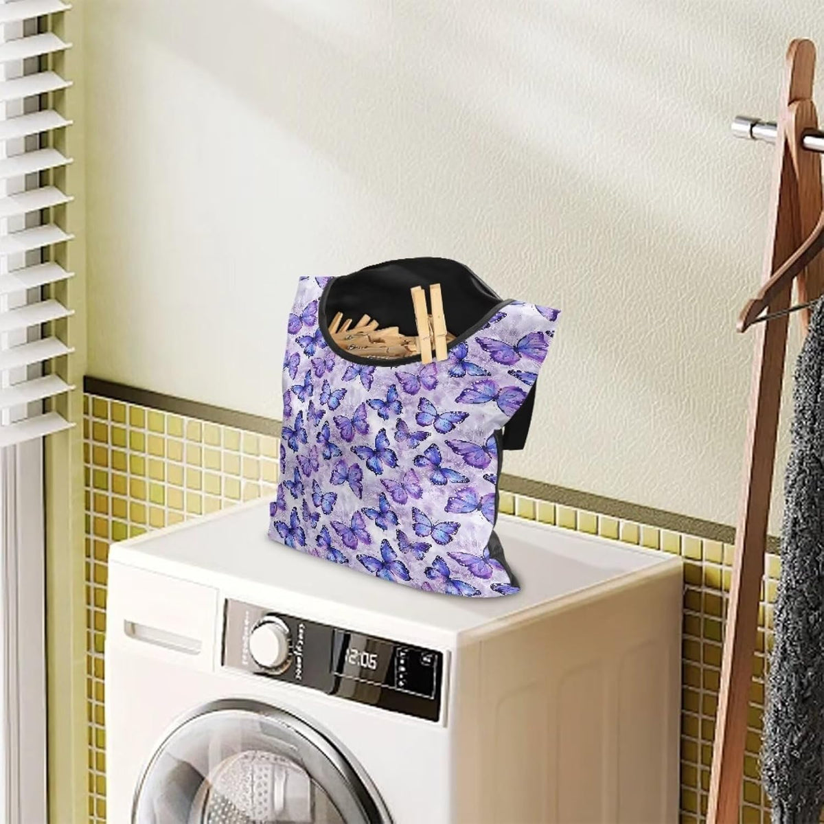 Butterfly Purple Clothespin Bag for Clothesline Outdoor, Soft & Lightweight Hanging Bag for Laundry, Clothes Pins Bag Holder Outdoor, Clothes Pin Bag for Outside