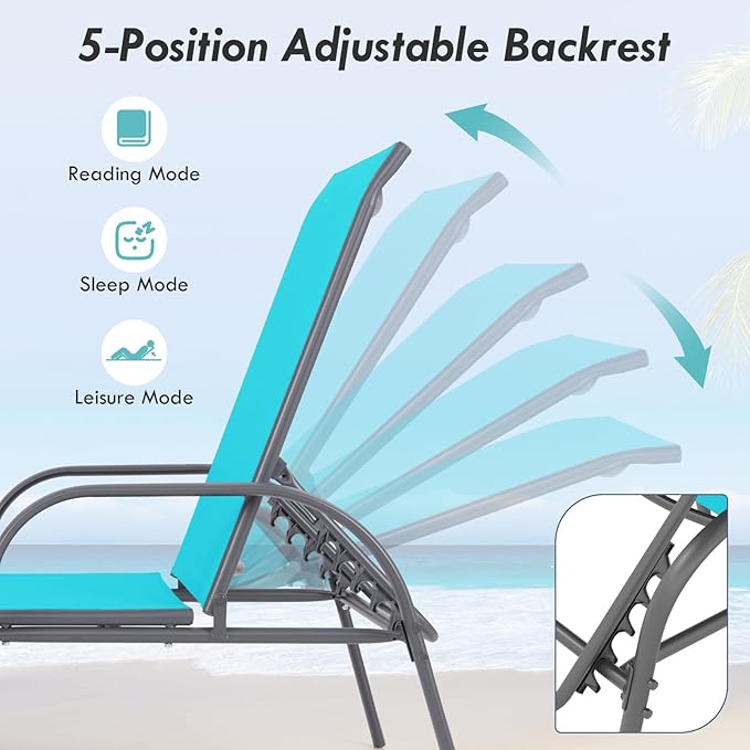 Giantex Patio Lounge Chair, Outdoor Chaise Lounge with 5 Adjustable Backrest, Sturdy Steel Frame, Sunbathing Recliner, Tanning Chair for Beach, Outside, Yard, Balcony, Pool Chairs (1,Turquoise)