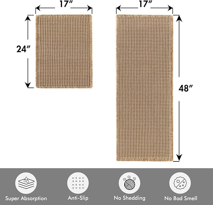 MIULEE Set of 2 Waffle Bathroom Rugs, Boho Bath Rugs Non Slip Washable, Super Absorbent Bath Mats, Ultra Soft Rubber Backed Shower Mats for Bathroom Floor, Tub, Brown, 17"x24"+17"x48"