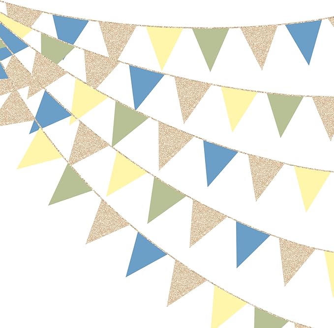 Champagne Gold Dusty Blue Sage Green Yellow Pennant Banner Flag Olive Green Macaron Yellow Blue Hanging Glitter Paper Triangle Bunting for Baby Shower Birthday Wedding Hen Party Decorations Supplies