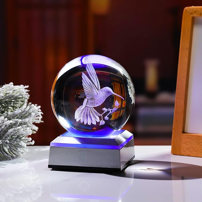 Crystal Ball 3D Engraved Hummingbird with LED Colorful Base, 3.15" Glass Sphere Ideas for Friends Home Decor Display, Hummingbird Gifts for Men Women on Birthday Christmas