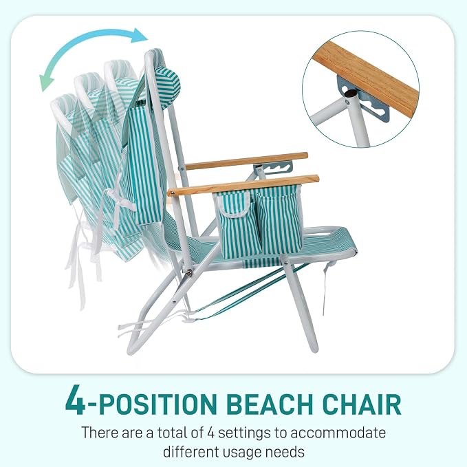 Outvita 2 Pack Folding Beach Chair, 4 Position Adjustable Reclining Lounge Chair with Padded Headrest, Large Rear & Side Storage Pockets, Lightweight Portable Outdoor Chair for Beach Pool Garden BBQ