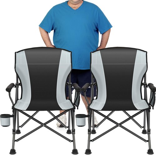 2 Pack Oversized Folding Camping Chair for Adults, Supports 450 LBS Camping Chairs, Heavy Duty Camping Chair with Side Pockets, Foldable Outdoor Chair for Camping, Beach, Fishing, Hiking, Black-Gray