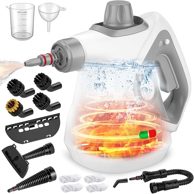 Handheld Steam Cleaner for Home, Pressurized Portable Steamer for Cleaning with 15 Accessories for Multi-Surface Cleaning, Floors, Tiles, Grout, Kitchen, Bathroom, Couch & Car(Grey Cap&Grey Handle)