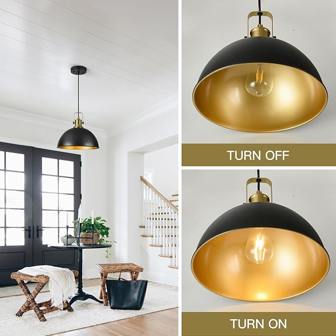 12 Inch Black Farmhouse Pendant Lights for Kitchen Island Industrial Haning Lamp Adjustable Height Vintage Dome Hanging Light Fixtures for Barn, Dining Room