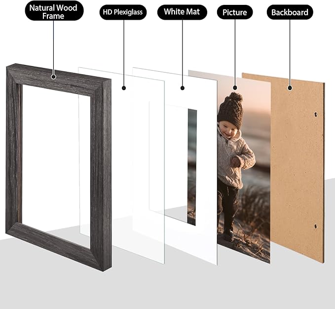 KINLINK 4x6 Picture Frame Ash Black, Solid Wood Frames with Acrylic Plexiglass for 3.5x5 with Mat or 4x6 without Mat, Tabletop and Wall Display Photo Frame, Set of 4