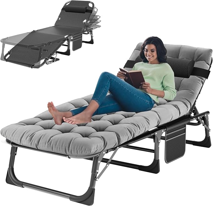 ABORON 3-in-1 Folding Patio Lounge Chair, 440LB Heavy-Duty Tri-Fold Guest Bed with Plush Cotton Cushion, No Assembly Adjustable Recliner for Office Nap, Patio Sunbathing, Poolside & Camping