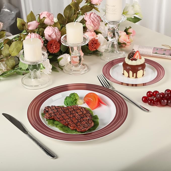100PCS Reddish Brown Disposable Plastic Plates Include 50PCS 10.25inch Dinner Plate and 50PCS 7.5inch Dessert Plate Heavy Duty Plastic Dinnerware for Party Wedding Anniversary New Year