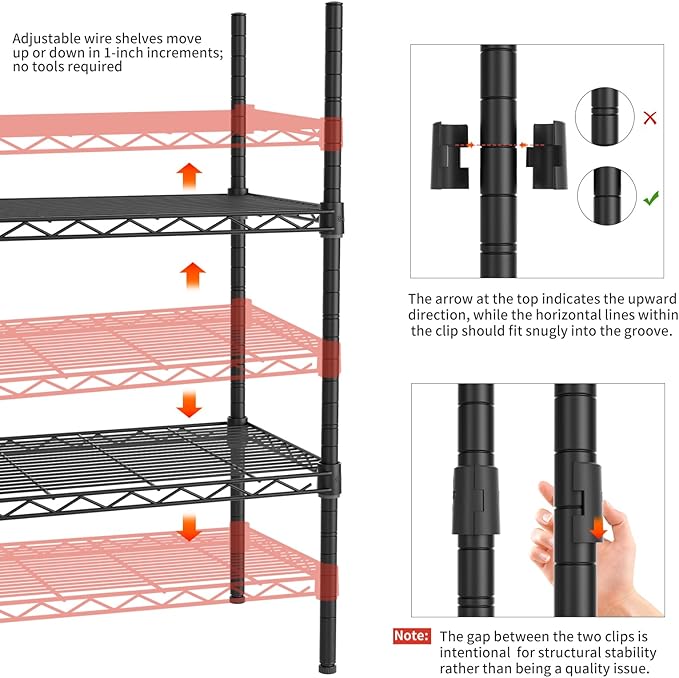 4 Tier Adjustable Storage Shelves,Heavy Duty Metal Utility Shelf 600LBS Capacity,Wire Shelving Unit Organizer Rack for Home Kitchen Office BathroomM Pantry Room 12" D x 22" W x 43.5" H Black