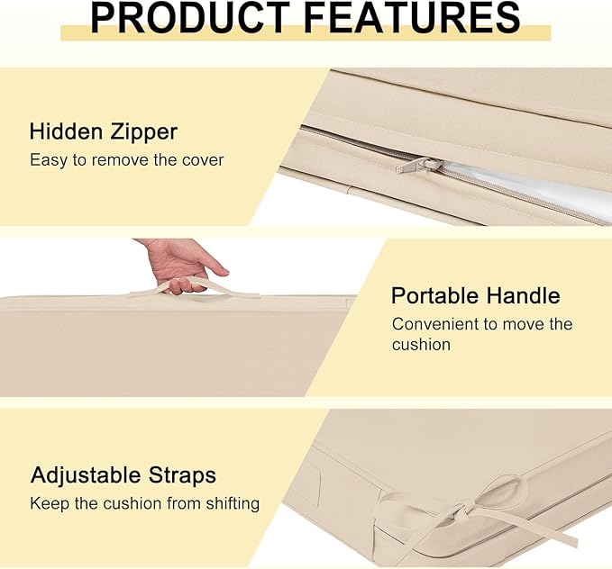 downluxe Waterproof Outdoor Chair Cushions for Patio Furniture, 18" x 18" x 2" Patio Chair Cushion with Adjustable Ties & Portable Handle, Square Outdoor Cushion with Removable Cover, Beige, 2 Pack