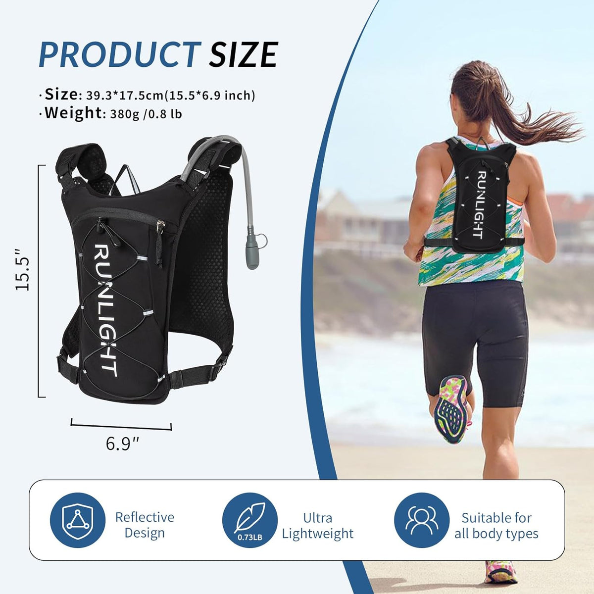Runlight Running Vest - Lightweight Adjustable Hydration Pack with 1.5L Water Bladder & Reflective Design