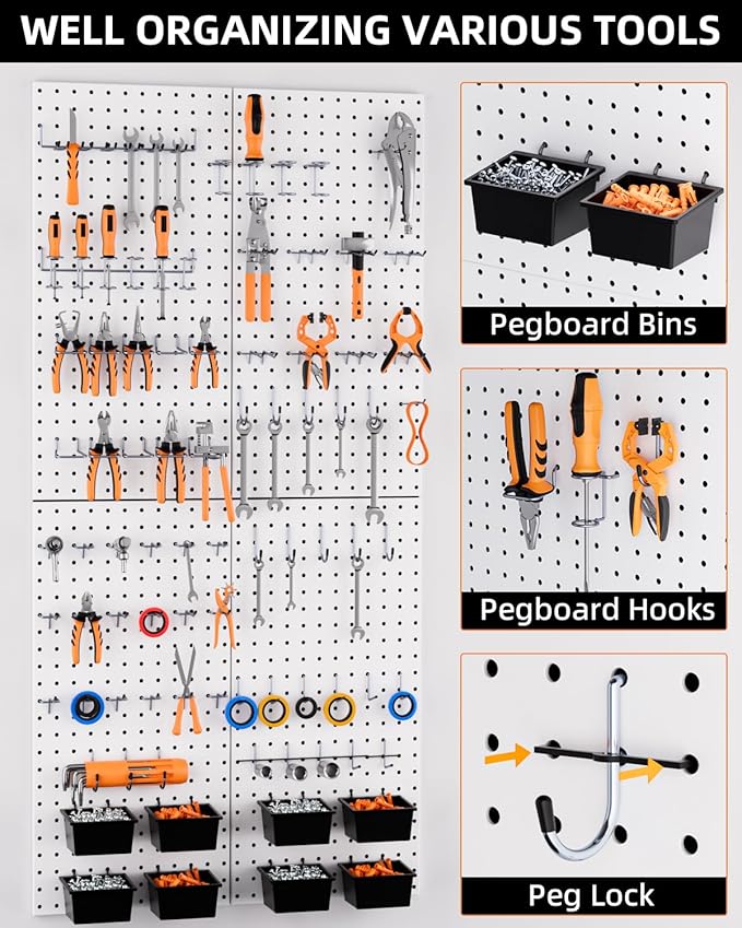 INCLY 158PCS Metal Pegboard Wall Organizer, 48x24 Inch White Pegboard Panels