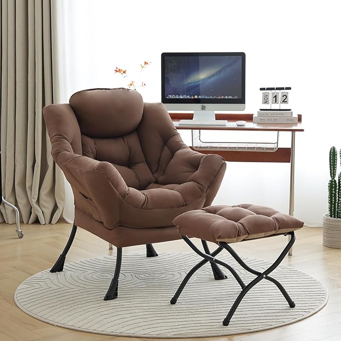 LITA Lazy Chair with Ottoman, Modern Accent Leisure Upholstered Sofa Chair, Contemporary Lounge Reading Chairs with Armrests and a Side Pocket for Living Room, Bedroom & Small Space, Dark Brown