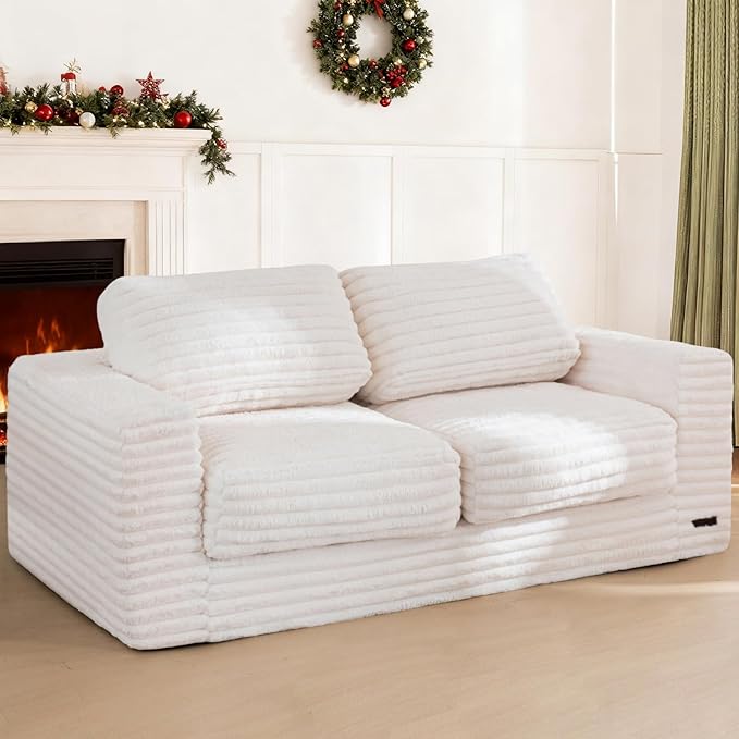 MAXYOYO Bean Bag Chair for Adults, Upholstered Loveseat Floor Sofa with Pillows and Armrests, Large Bean Bag Sofa Plush Couch for Bedroom Living Room, Beige