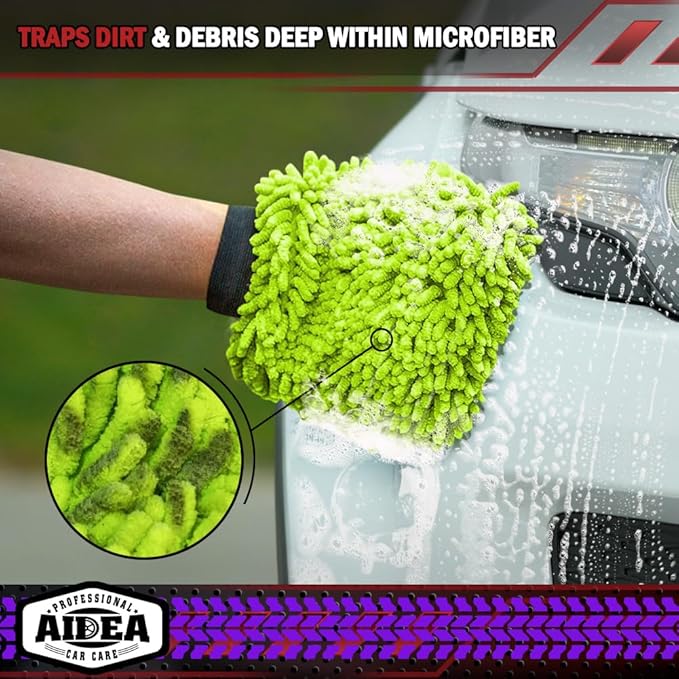 AIDEA Car Wash Mitt Microfiber, 4PK Scratch Free Lint-Free, Premium Chenille Microfiber Mitt Car Wash Brush, Green, Extra Large Size 8''X12''