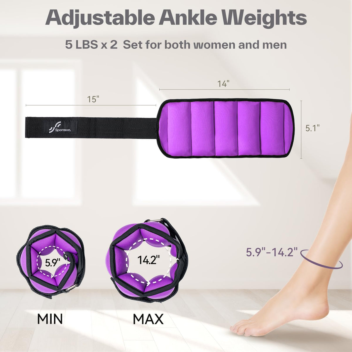 Sportneer Adjustable Ankle Weights for Women and Men：1 Pair 1 2 3 4 6 7lbs Upgraded Easily Adjustable Leg Weight, Weighted Wrist Weight Strap for Gym, Fitness, Workout, Walking, Dancing