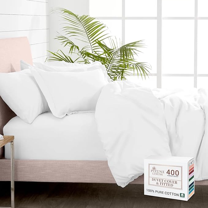 Pizuna 100% Cotton Full 3 Pc Duvet Cover + 1 Pc Fitted Sheet Set 400 Thread Count White Sateen Weave Luxurious Long Staple Cotton 4 Piece Bedding Set - 1 Duvet Cover, 2 Pillow Shams, 1 Fitted Sheet