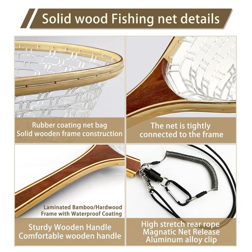 SEASPRO Fly Fishing Landing Net Trout Soft 23.62in Rubber Catch and Release Fish Net with Wooden Handle Frame Magnetic Fly Fish Net