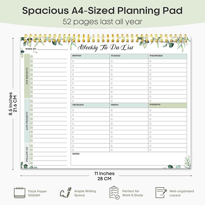 Taja Weekly To Do List Notepad with 52 Undated Sheets（8.5"×11"）- Weekly Desk Planner for Women & Man, Work and Home - 1 Pack Serene Green