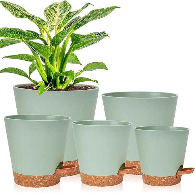 Vanslogreen Planters for Indoor Plants 7/6.5/6/5.5/5 Inch, Self Watering Planters with Drainage Holes and Saucers 5 Pack Plastic Pots for Plants, Succulents, Herbs, Cactus, Flower Pots, Green