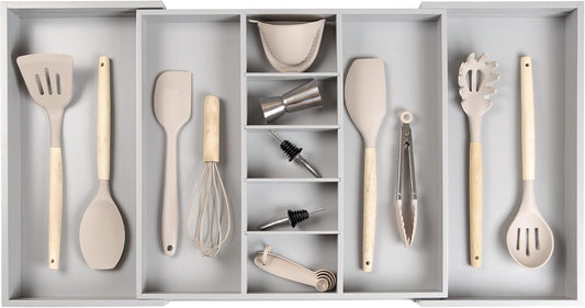 KitchenEdge Adjustable Kitchen Drawer Organizer for Utensils and Junk, Food-Safe Contract Grade with 100% Sustainable Wood, Expandable from 19 to 33 Inches Wide - Gray Bamboo