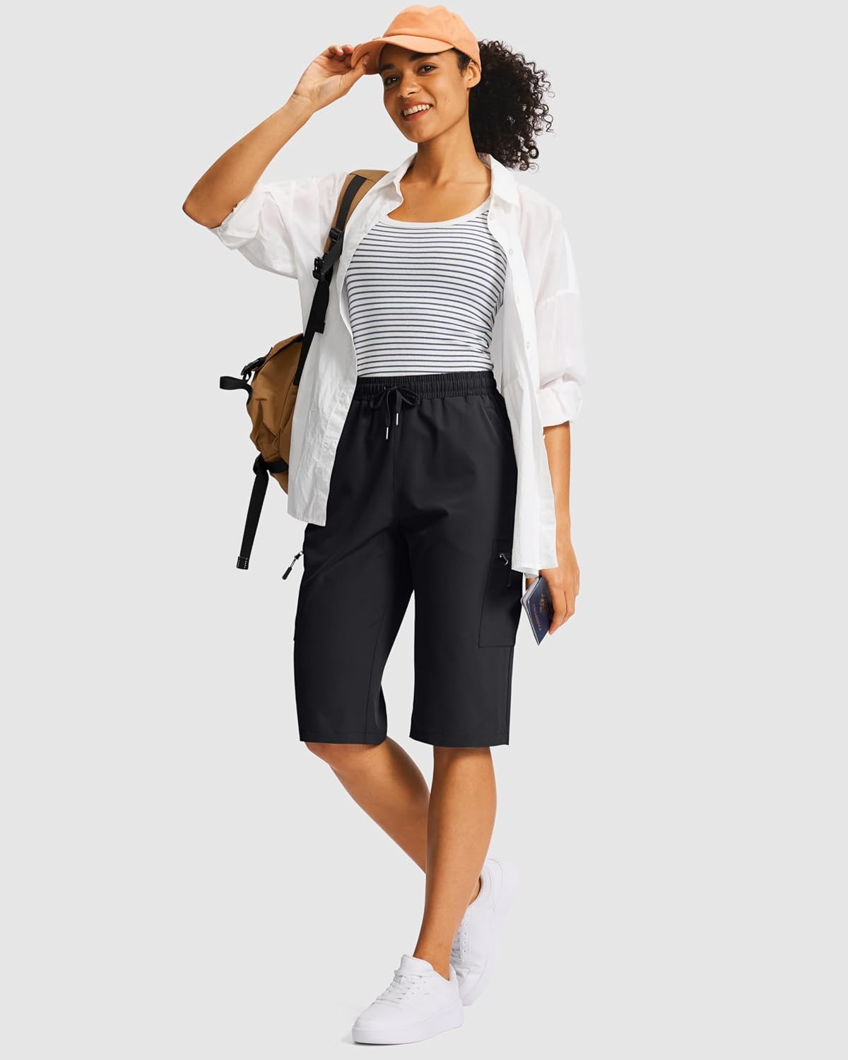 SANTINY Women's 15" Long Hiking Cargo Shorts - Lightweight, Quick-Dry with 5 Zipper Pockets