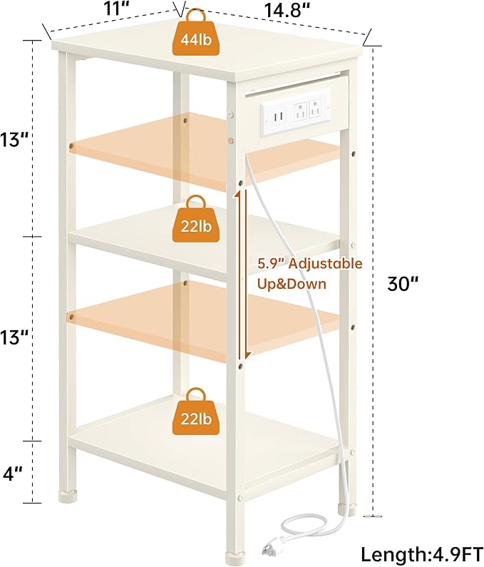 Tall End Table with Charging Station, 3 Tier Narrow Tall Nightstand with Storage, Slim Side Table for Bedroom, Living Room, Nursery, Office, Cream White