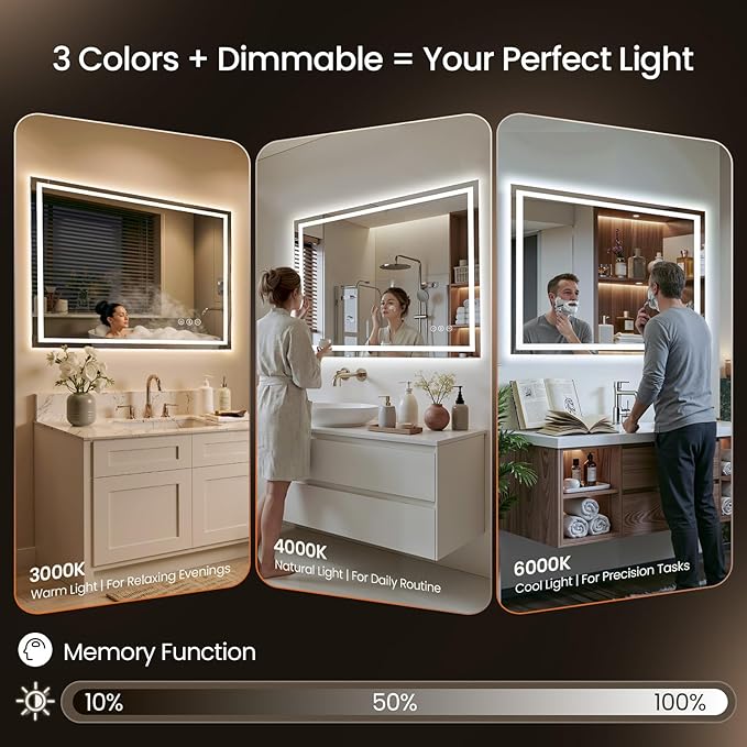 60X40 LED Bathroom Mirror with Lights, Backlit + Front Lit, Lighted Bathroom