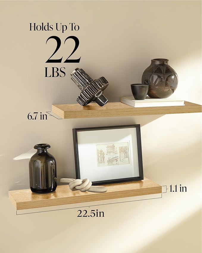 BAYKA Floating Shelves for Wall, 22.5 inches Wall Mounted Rustic Wood Shelves for Bathroom, Bedroom, Living Room, Floating Shelves for Books/Storage/Decor (Light Oak-Toned,Set of 3)