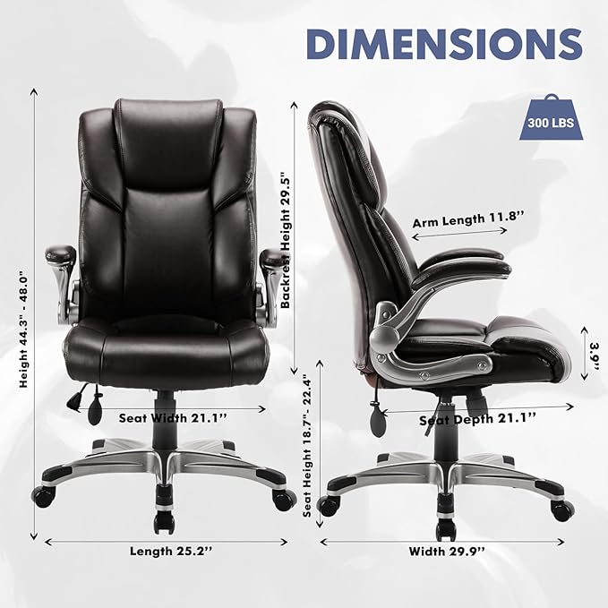 COLAMY High Back Executive Office Chair- Ergonomic Home Computer Desk Leather Chair with Padded Flip-up Arms, Adjustable Tilt Lock, Swivel Rolling Chair for Adult Working Study-Brown