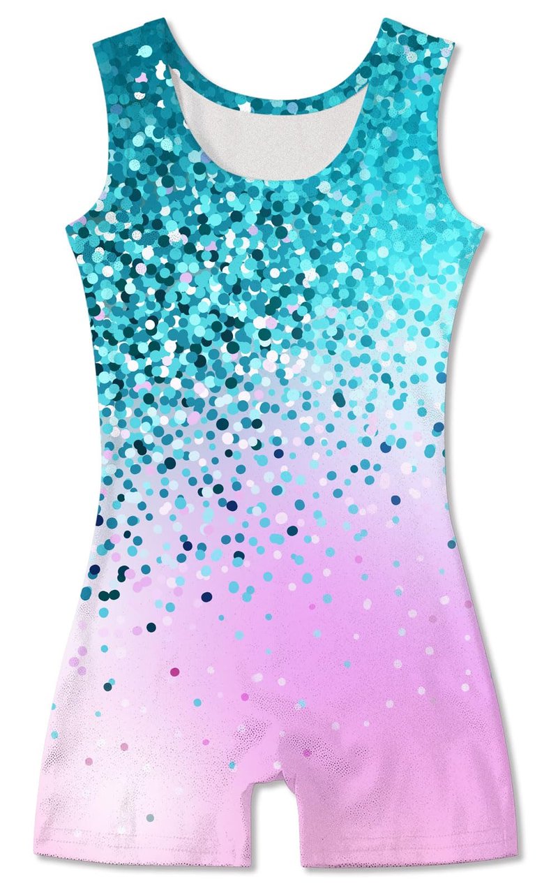 Funnycokid Gymnastics Leotards for Girls Kids Outfits Sparkly Unitards Clothes with Shorts, Diamond Mint Green Pink, 6-7 Years