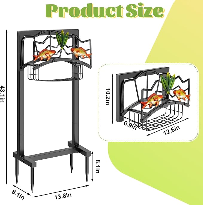 Freestanding Garden Hose Holder, Heavy Duty Black Metal Hose Rack with Storage Basket & 4 Spikes, Holds 150FT Water Hose for Yard Lawn Patio Decor