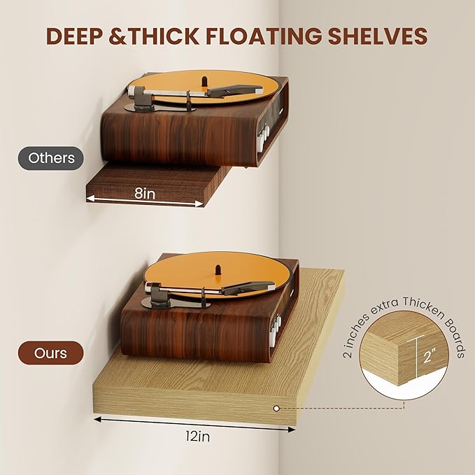 Vivelove 12 Inch Deep Floating Shelves 30 inch Long, 2 Inch Thick Wall Shelves