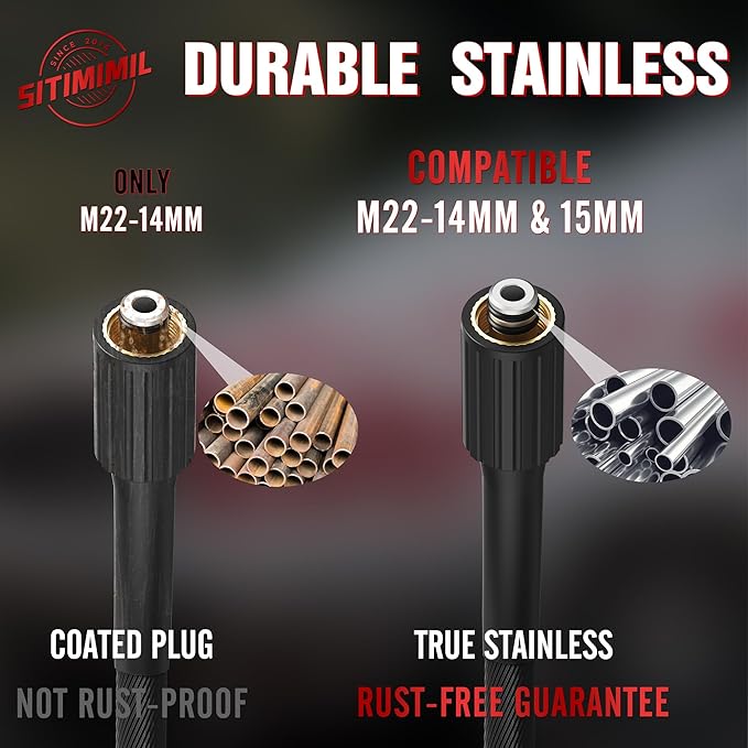 SITIMIMIL® 1/4" Pressure Washer Hose 50T, Stainless Steel Wear-Resistant Upgrade, M22-14mm&15mm Universal Electric Power Washer Hose Replacement for Ryobi, Troy Bilt, Greenworks and More (3800 PSI)