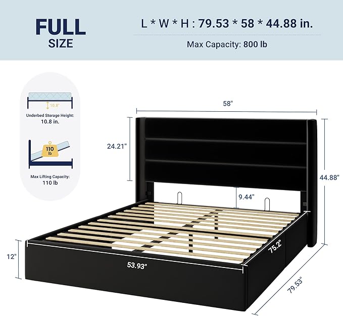 Allewie Full Size Velvet Lift Up Storage Bed, Modern Wingback Headboard, Hydraulic Support, No Box Spring Needed, Black