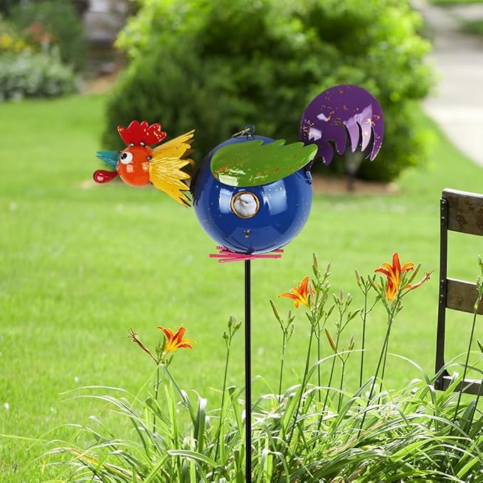 37" Bird Houses for Outside, Outdoor Metal Rooster Birdhouse with Hanging String & Poles for Patio, Yard, Garden