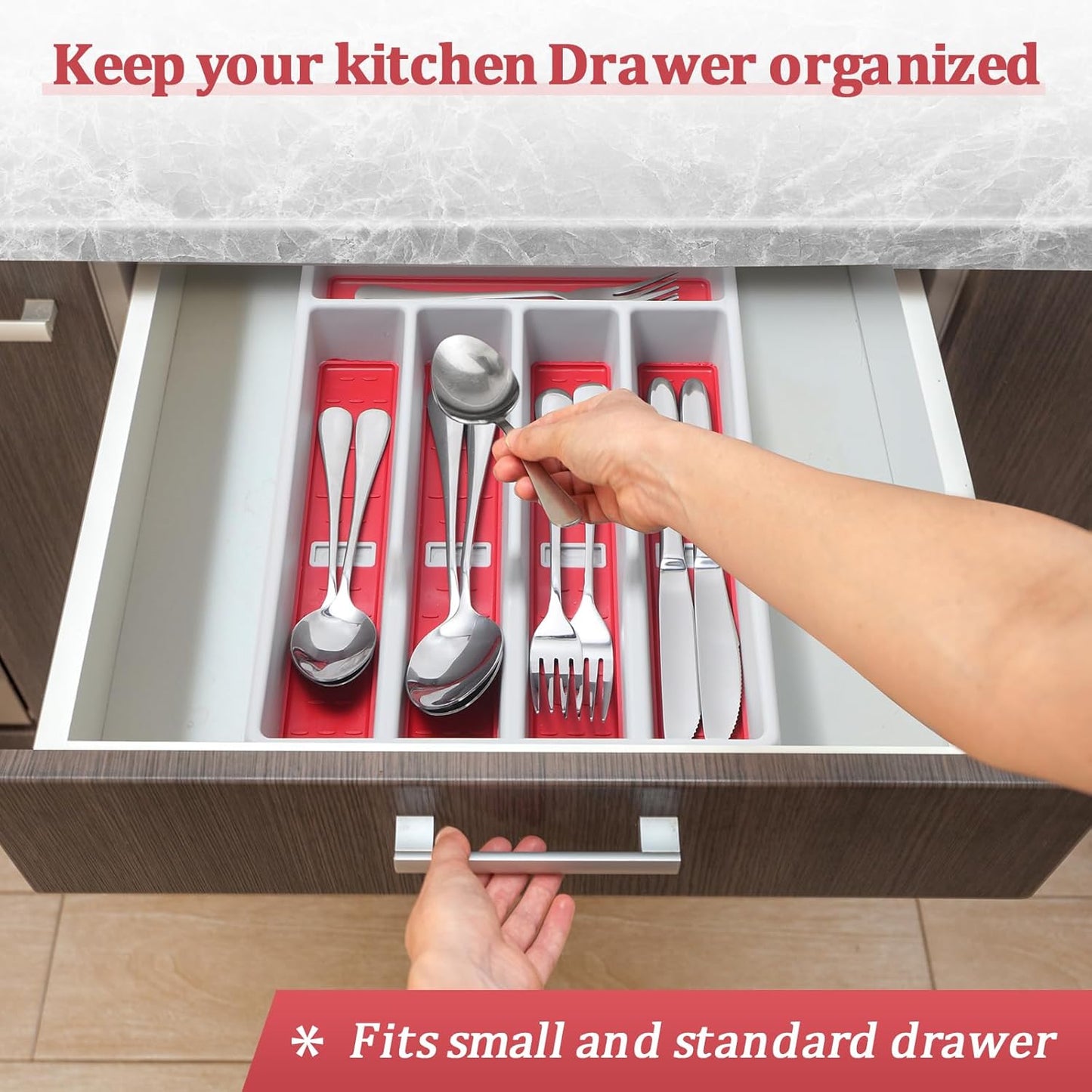 Silverware Organizer with Cutlery Icons，Silverware Tray for Kitchen Drawer，Flatware Tableware Cultery Drawer Organizer Utensil Organizer with Non-slip TPR Linings，Kitchen Organization Essentials