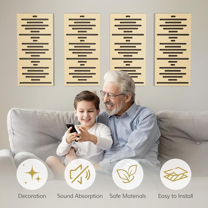 TONOR 4-Pack Acoustic Wood Wall Panels, 23.6” * 11.8” * 1.9” 3D Self-adhesive