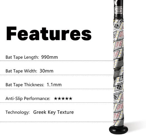 1.1mm Bat Grip Tape - Greek Key Textured Design for Non-Slip All-Weather Performance | Easy Install