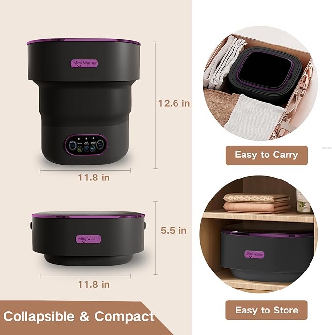 Portable Washing Machine, 15L Small Foldable Washer with 3 Cleaning Modes for Baby Clothes, Underwear, Small Items, Mini Collapsible Laundry for Travel Apartment Home Dorm Hotel Camping (Black)