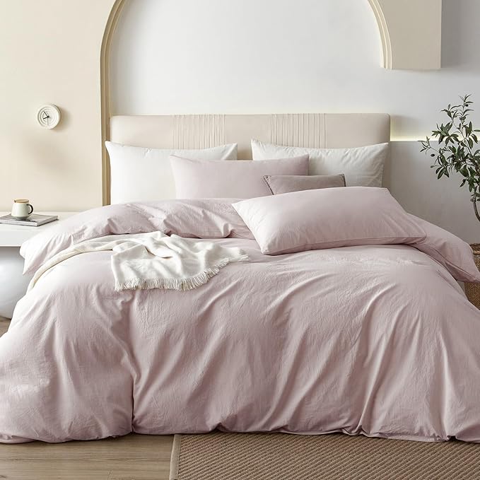 JIYUAN 100% Washed Cotton Duvet Cover Set 2 Pieces Twin, 1 Duvet Cover 68x90 Inches (Comforter Not Included) and 1 Pillowcases,Linen Feel Bedding Set Comfy and Breathable, Heathered Greyish Pink