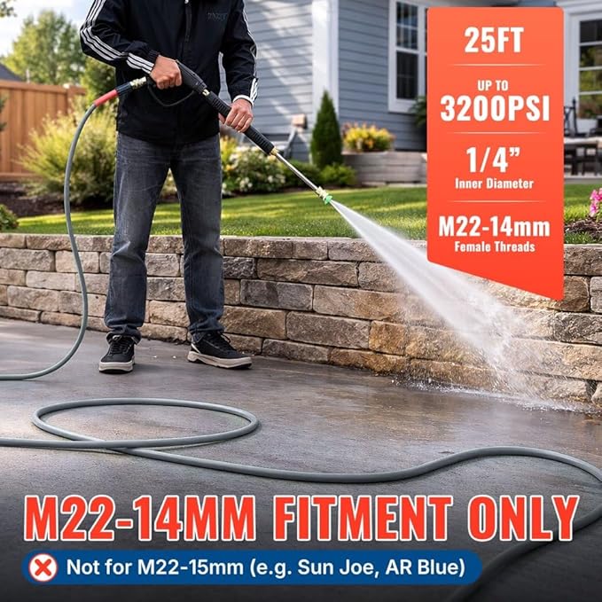 YAMATIC Upgraded Flexible Pressure Washer Hose 25FT 1/4", 3200 PSI Non-Kink Replacement with M22-14mm & 3/8" Quick Connect Adapters, Extension for Gas Power Washer Troy-Bilt Ryobi Honda Craftsman