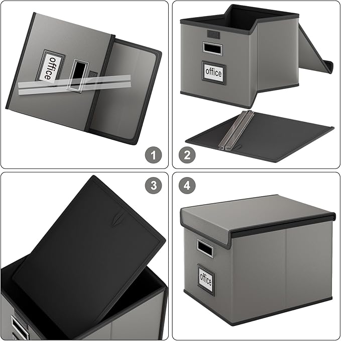 Huolewa Faux Leather File Organizer Box with Lid, Collapsible Hanging File Folder Box Organizer with Plastic Slides, Decorative Home/Office Filing System Boxes for File and Folders Storage